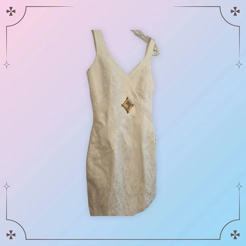 Vintage 90s Dress Sheath Linda Segal Cream Jaquard Matte Gold Keyhole Bust 4-6 - Picture 5 of 7